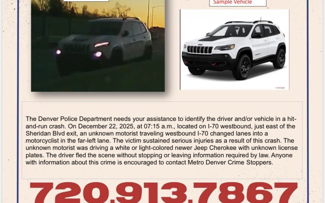 Denver busca Jeep Cherokee en choque con fuga que dejó un motociclista gravemente herido