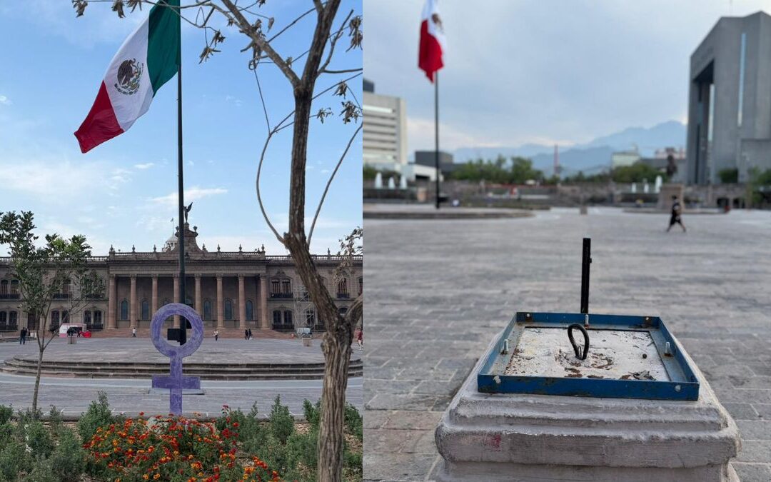 Retiro de Lámparas y Barandales en el Palacio de Gobierno de Monterrey Antes de la Marcha del 8M