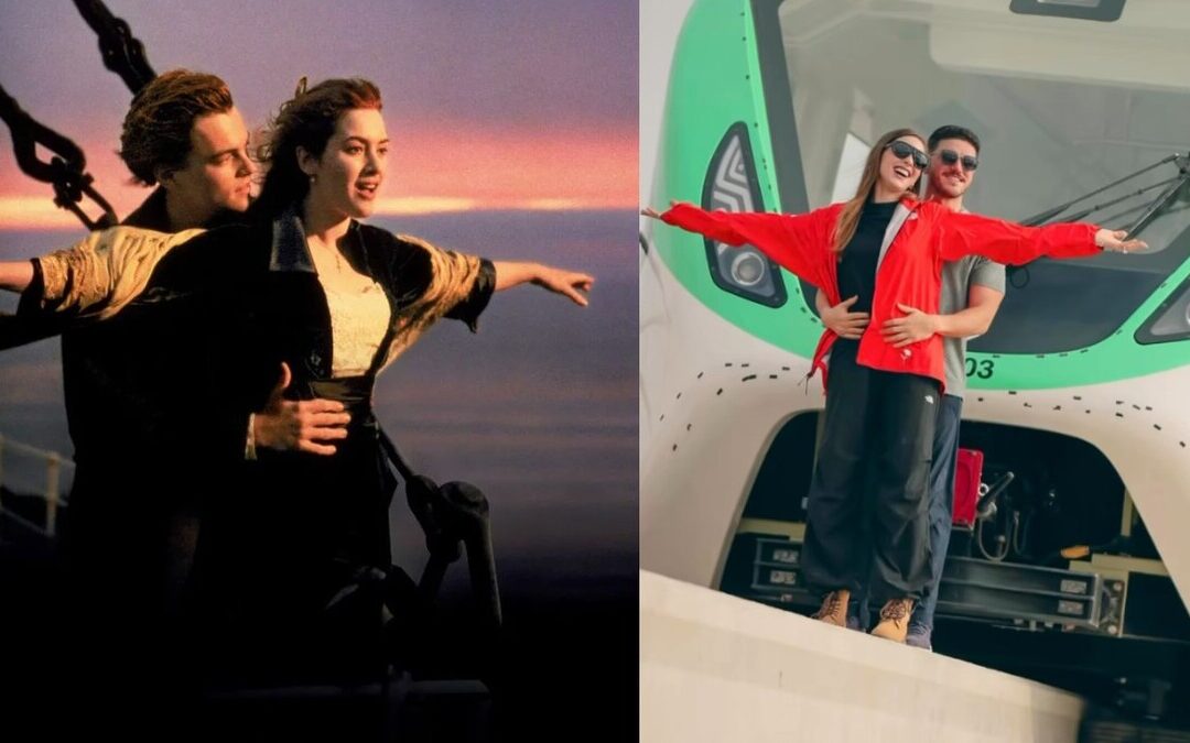 Samuel García y Mariana Rodríguez recrean famosa escena de Titanic sobre un monorriel