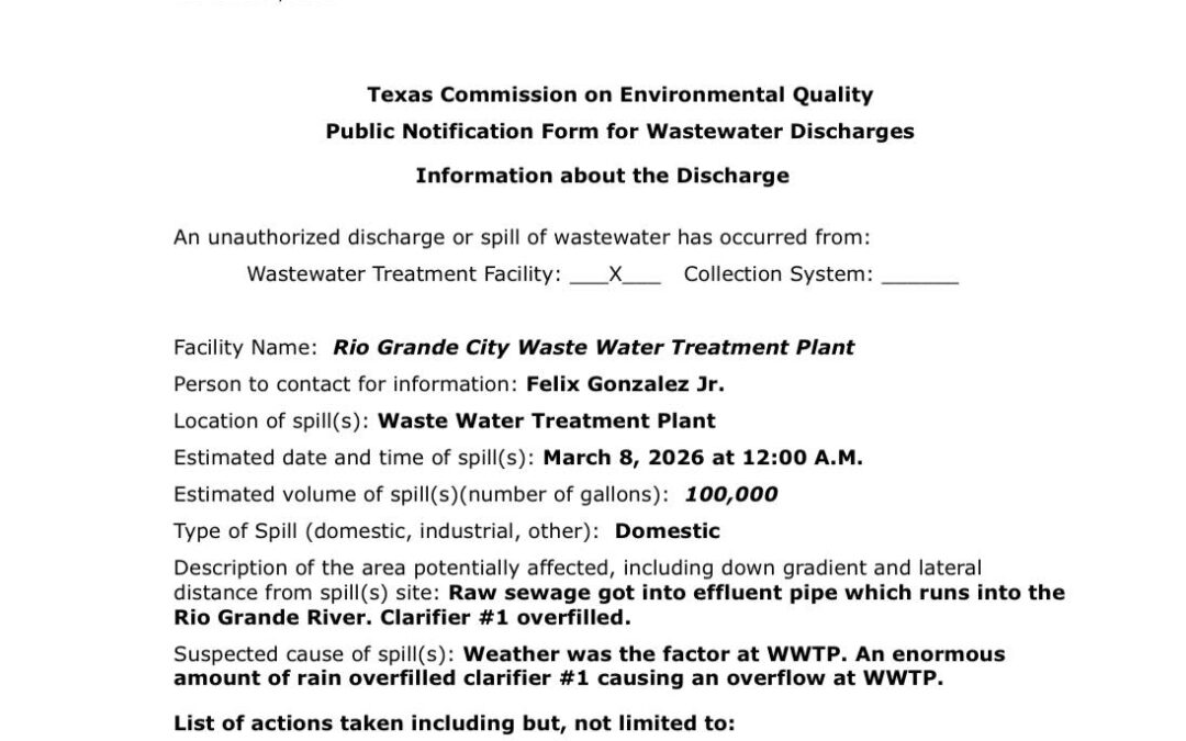 Desbordamiento Temporal de Aguas Residuales en Rio Grande City Debido a Fuertes Lluvias