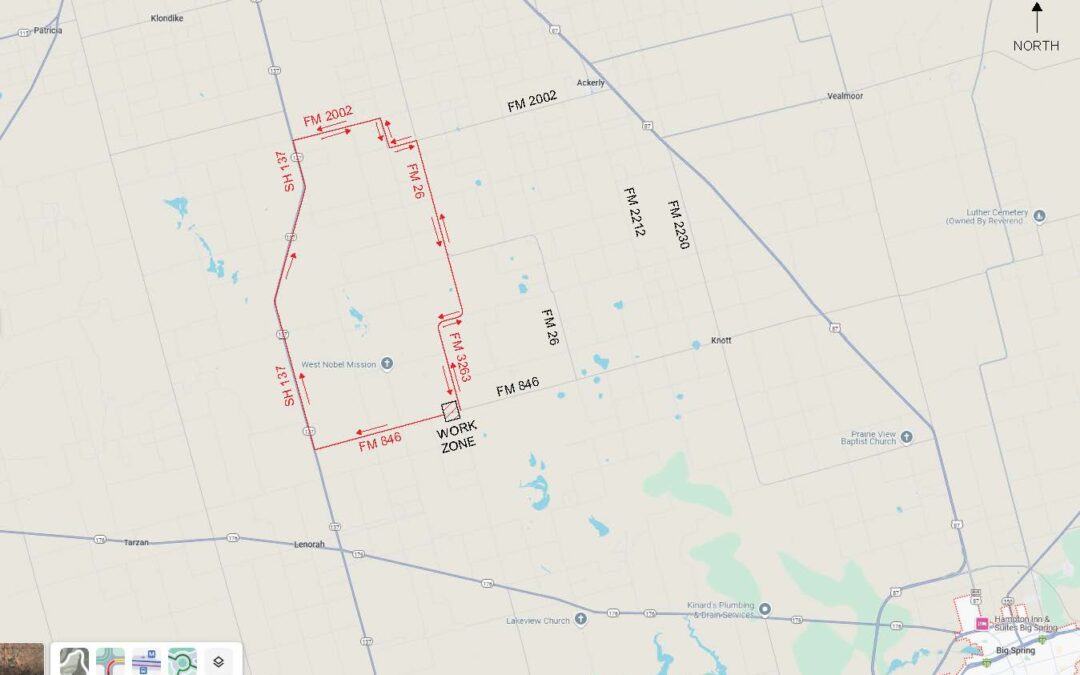 Prolongados Desvíos en el Condado de Martin por Mantenimiento Vial en Texas