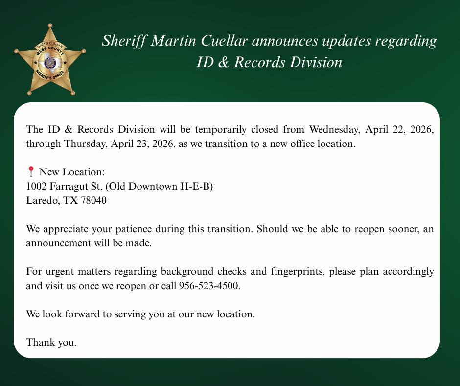 Oficina Del Sheriff De Webb: Cierre Temporal Antes De Estrenar Nueva Ubicación En Laredo