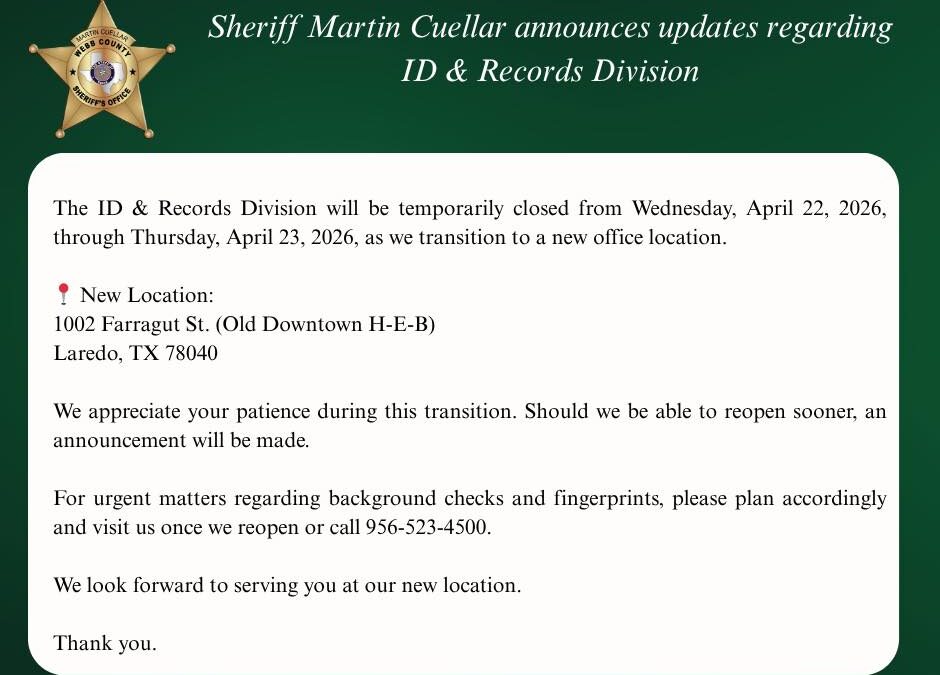 Oficina del Sheriff del Condado de Webb: Cierre Temporal por Cambio de Ubicación