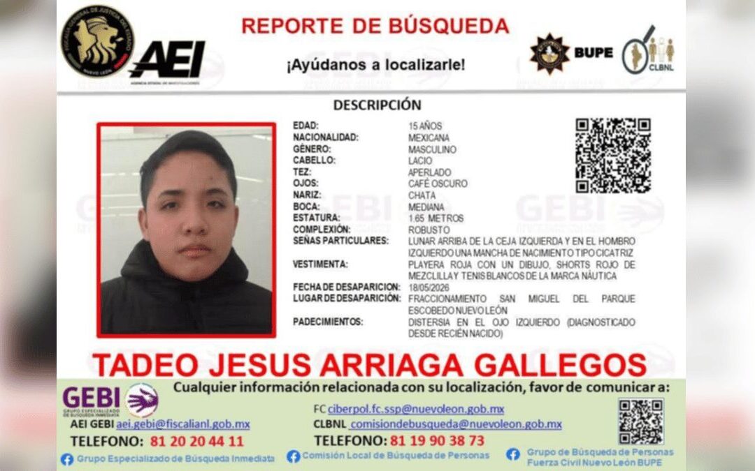 Urgente: Adolescente Desaparecido en Escobedo; Última Vista el 18 de Mayo
